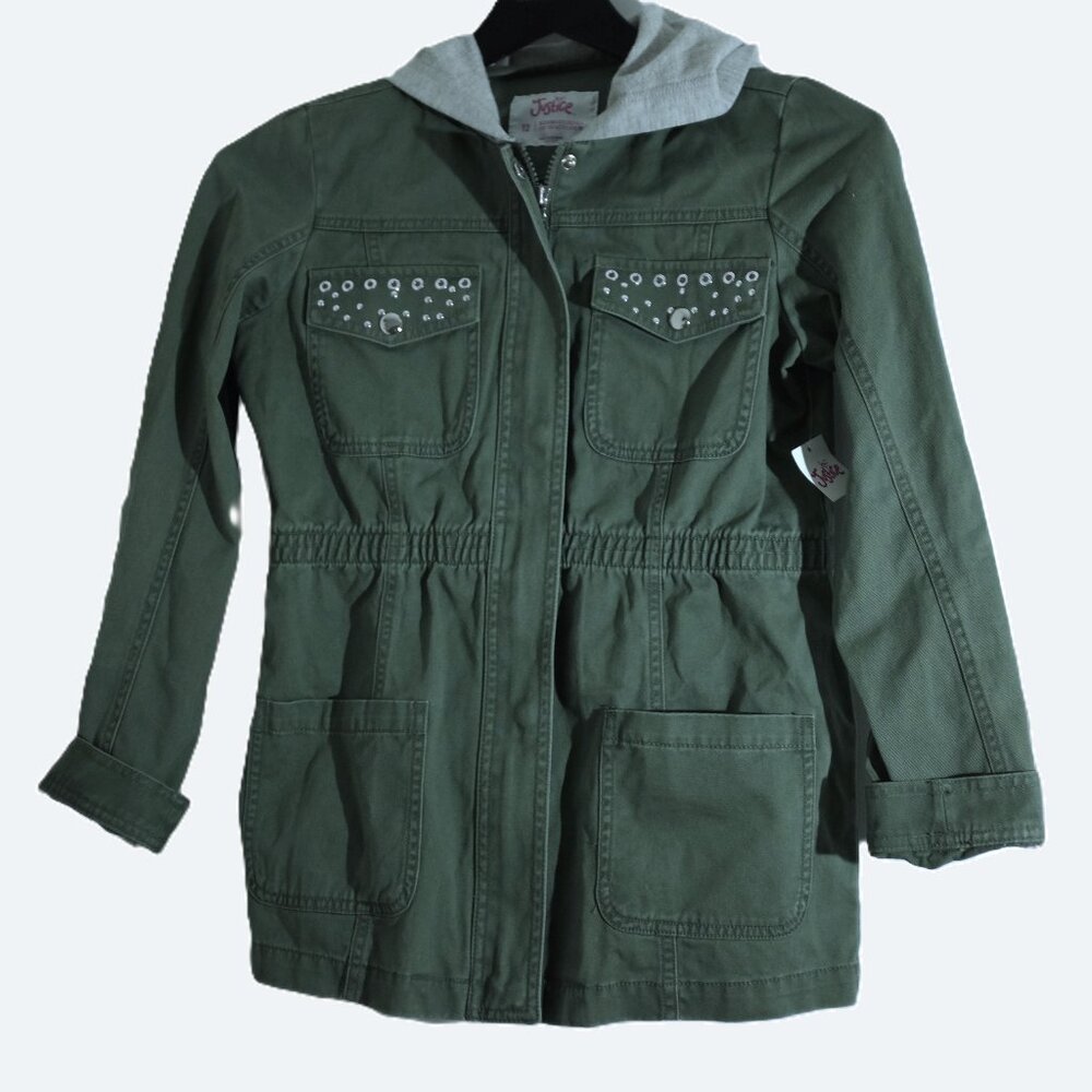 Justice girls green utility jacket with grey hood 12